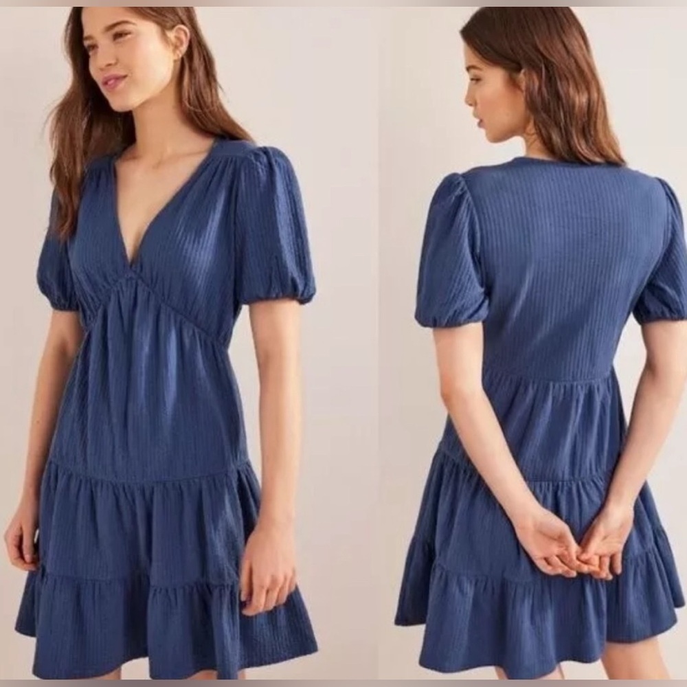 NWT Boden Blue Jersey Seersucker V-Neck Mini Dress 10R